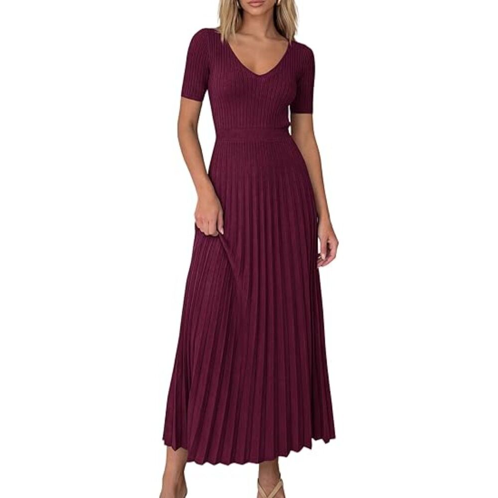 Women's Burgundy Viscose V Neck Short Sleeve A Line Summer Casual Midi Dress